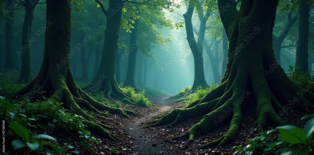 Dark and foreboding forest with twisted roots, trees, roots Dark and foreboding forest with twisted roots, trees, roots