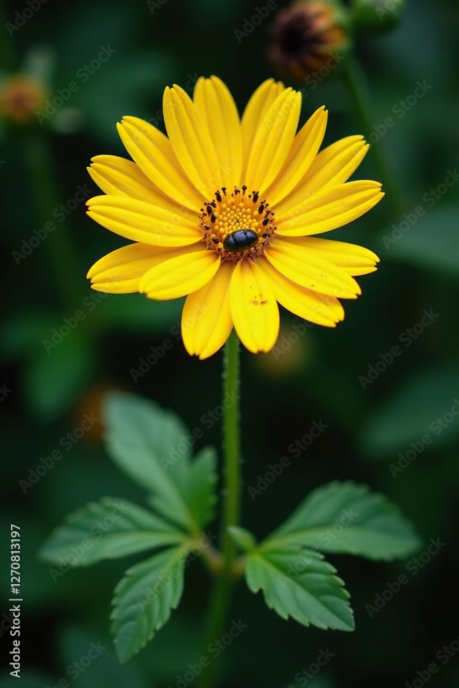 Damaged yellow flower with beetle holes and wilting leaves, yellow flowers, foliage, wilted petals Damaged yellow flower with beetle holes and wilting leaves, yellow flowers, foliage, wilted petals