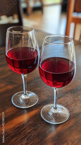 Enjoying two glasses of red wine on a wooden table during a cozy gathering at...