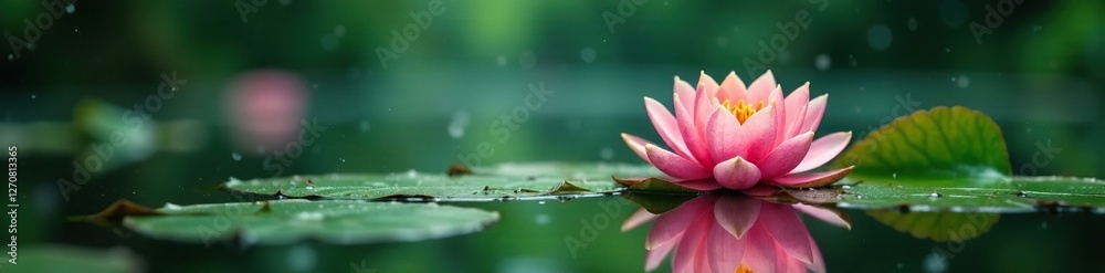 Rain falls onto a still pond with water lilies and leaves, peaceful, serene, leaves Rain falls onto a still pond with water lilies and leaves, peaceful, serene, leaves