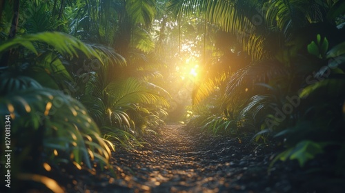 Sunlight filters through dense jungle foliage along a tranquil forest path at...