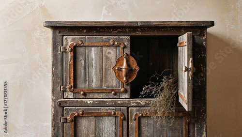 Old wooden cupboard with open door showing dried flowers inside