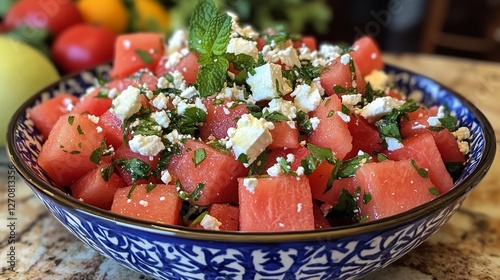 Fresh summer salad with watermelon, feta, and mint served in a textured bowl