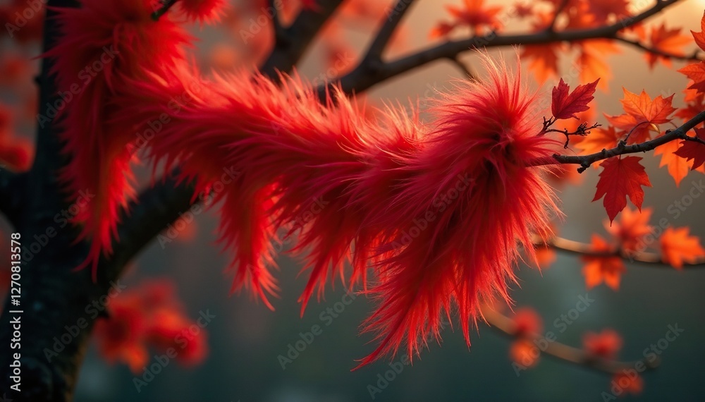 Red and black feather boas draped over tree branches, leaves, flowers, autumn Red and black feather boas draped over tree branches, leaves, flowers, autumn