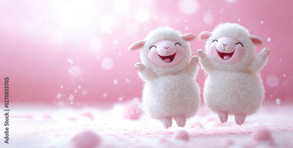 Fototapeta premium Two 3D cartoon happy sheep jumping over pink background with copy-space.