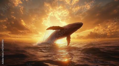 Whale breaches the water at sunset creating a stunning silhouette against the...