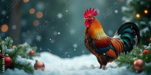 Wallpaper Mural Rooster amidst snowflakes and festive garland, greenery, festive atmosphere Torontodigital.ca