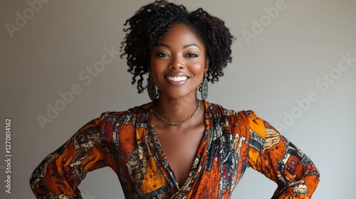 Brightly dressed woman with curly hair smiles confidently in a vibrant outfit...