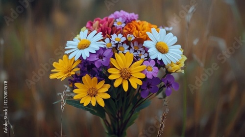 Colorful bouquet of flowers in a blurred garden background during daytime