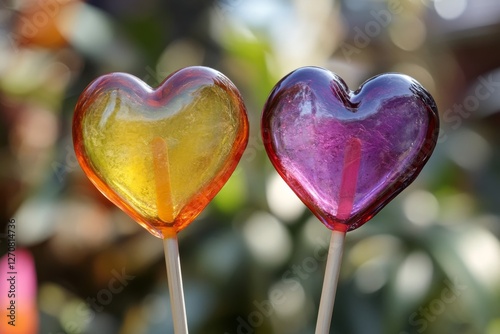 Colorful heart-shaped lollipops showcasing vibrant rainbow patterns on a whit...