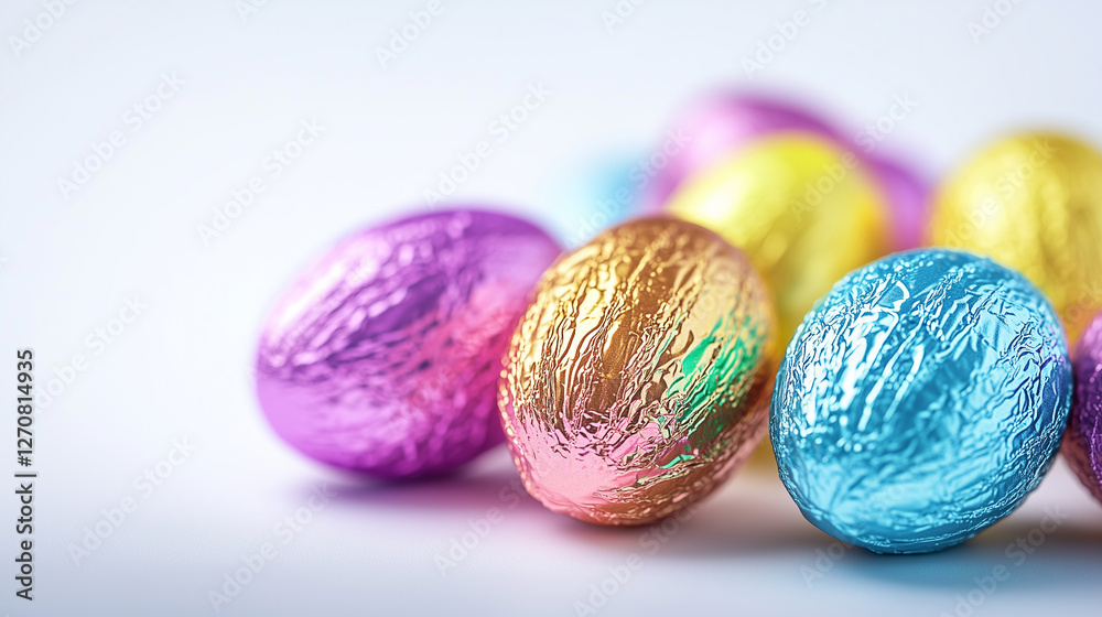 Shiny chocolate Easter eggs with colorful wrappers. Shiny chocolate Easter eggs with colorful wrappers.