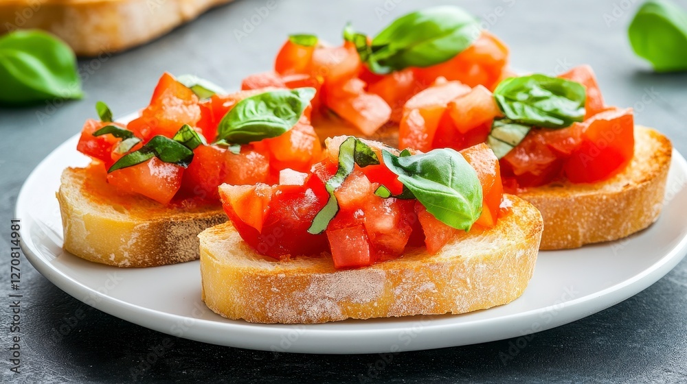Close Up of Bruschetta Appetizers Topped with Fresh Tomato and Basil on White Plate Close Up of Bruschetta Appetizers Topped with Fresh Tomato and Basil on White Plate