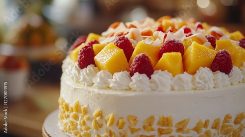 Delicious tropical fruit cake with mango and raspberry decoration on a wooden...
