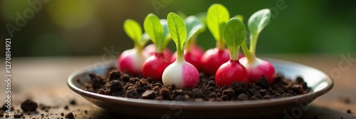 Radish seeds on a plate with soil and sprouting shoots, soil, vegetablegrowth, plantdevelopment photo