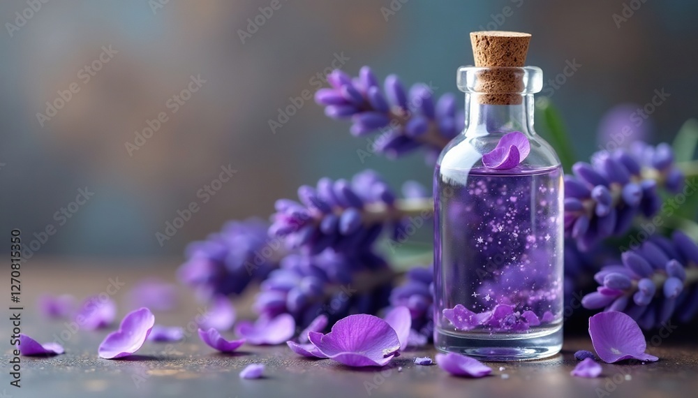 Aromatic lavender petals unfold within a slender glass bottle, lavender, glass, Aromatic lavender petals unfold within a slender glass bottle, lavender, glass,
