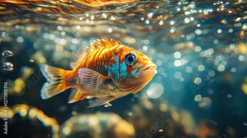 Goldfish swimming peacefully in a sunlit underwater environment filled with s...