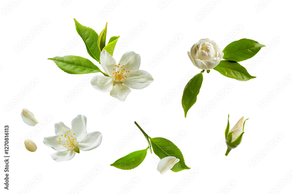 Fototapeta premium White flowers and green leaves isolated on white