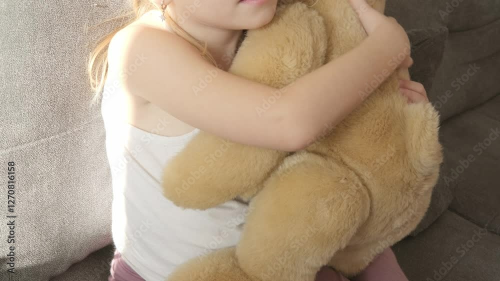 tender moment young girl hugs teddy bear, reflecting comfort and security brings, emotional connection, childhood memories, emotional support tender moment young girl hugs teddy bear, reflecting comfort and security brings, emotional connection, childhood memories, emotional support