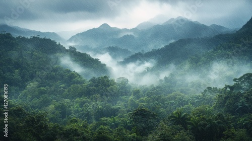 Lush tropical rainforest under rain with distant mountains and a waterfall