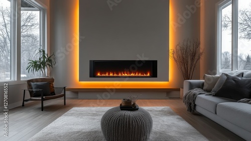 Modern living room with stylish fireplace and cozy atmosphere