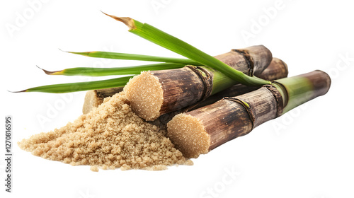 Close-up of sugarcane stalks and brown sugar against a transparent background.  The image is brightly lit, showcasing the texture of the stalks and the granulated sugar