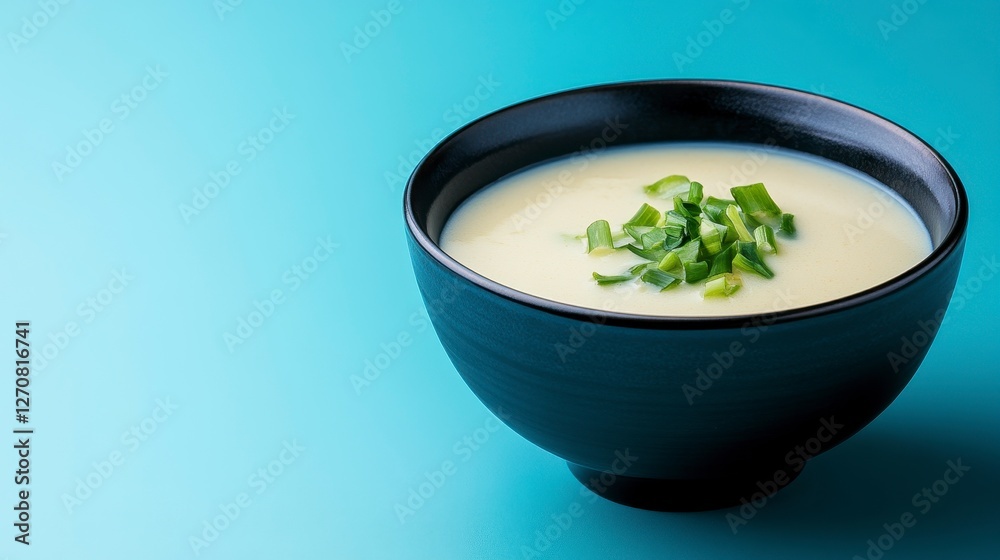 Minimalist Close Up of Chawanmushi in Black Bowl with Scallions on Blue Background Minimalist Close Up of Chawanmushi in Black Bowl with Scallions on Blue Background