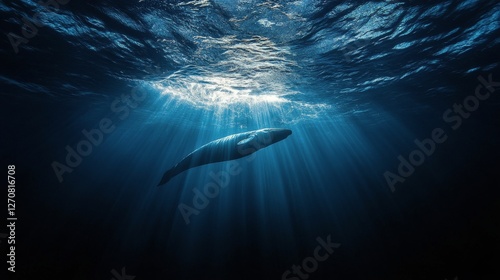Majestic whale glides through shimmering waters with sunlight streaming above