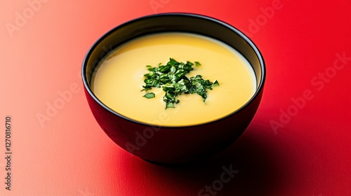 Minimalist Chawanmushi in Black Bowl on Red Background with Parsley Garnish