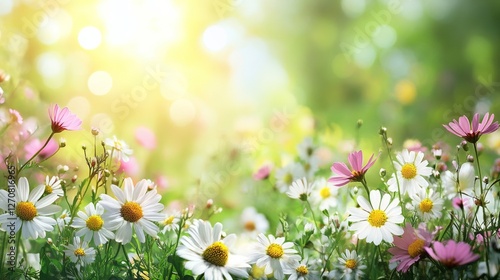 Colorful flowers blooming in a sunny garden filled with greenery and soft bokeh