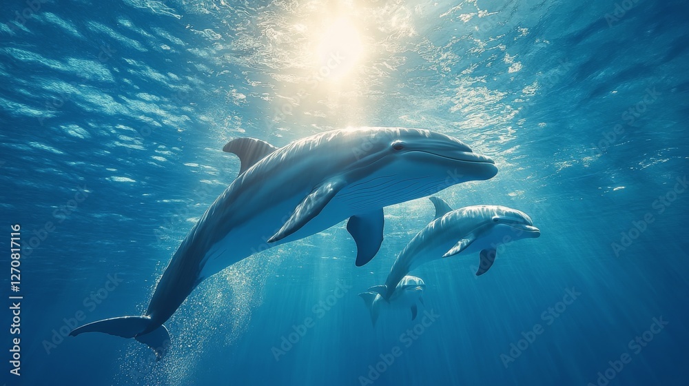 Dolphins swimming alongside a massive whale in clear blue waters during a sunny day
