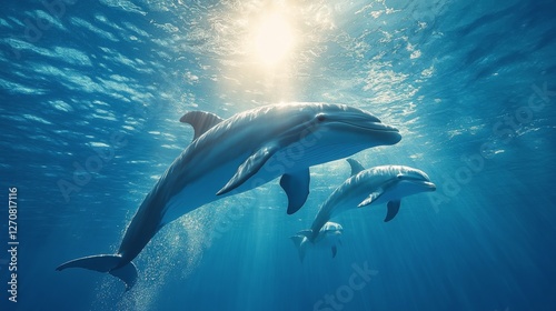 Dolphins swimming alongside a massive whale in clear blue waters during a sun...