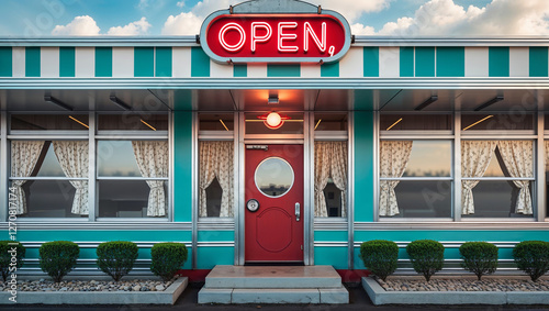 Classic american diner building exterior with open sign illuminated at sunset