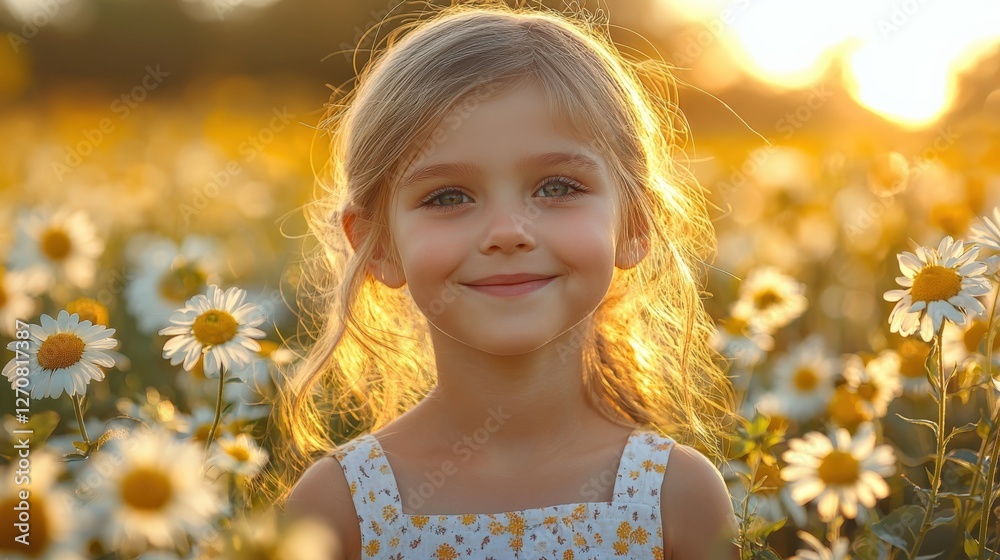 Fototapeta premium Smiling Young Girl in a Sunny Flower Field with Daisies