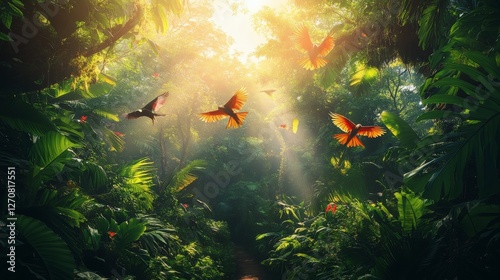 Colorful birds flying over a serene forest path surrounded by lush greenery a...
