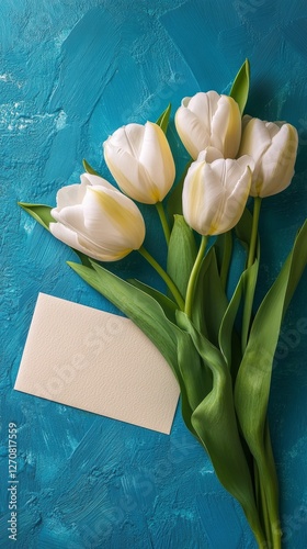 White tulips with blank card on blue background for spring celebration or flo...