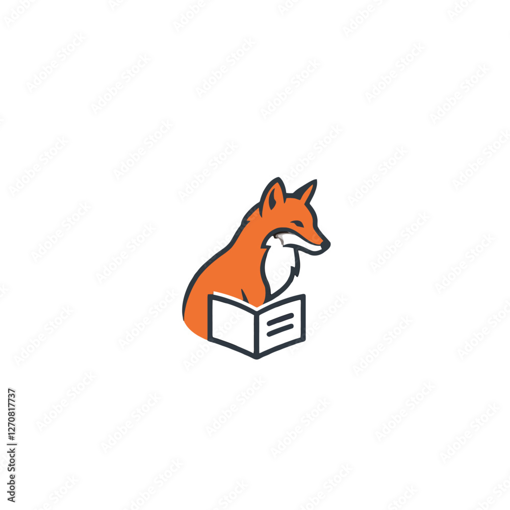 Fototapeta premium Cute Fox Reading Book Logo in Minimalist Cartoon Style