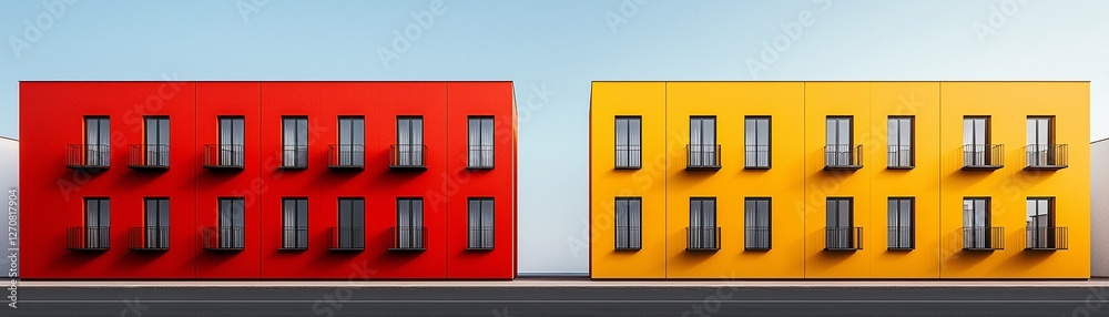 Modern architecture with a bold red and yellow geometric facade, high-contrast urban aesthetics, contemporary design, striking lines and symmetry Modern architecture with a bold red and yellow geometric facade, high-contrast urban aesthetics, contemporary design, striking lines and symmetry