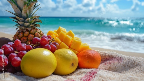 Fresh fruits in a woven basket on a sandy beach with ocean waves and bright b...