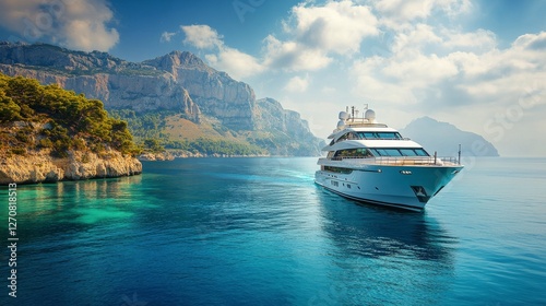 Luxurious yacht navigating clear blue waters near stunning coastal cliffs dur...