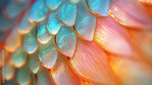 Colorful close-up of fish scales under bright light showcasing vibrant textur...
