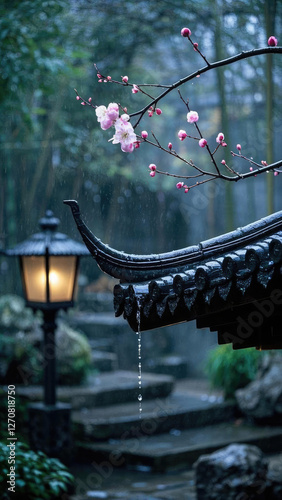 a high - definition photographic close - up of a traditional Chinese garden during the Rain Water solar term, focusing on the eaves of an ancient wooden pavilion with raindrops dripping from the intri photo