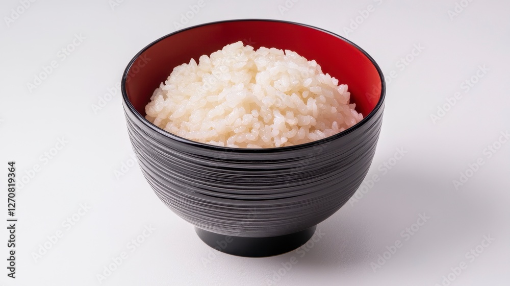 Minimalist Style Bowl of Cooked Rice Displayed in a Black Bowl on White Background Minimalist Style Bowl of Cooked Rice Displayed in a Black Bowl on White Background