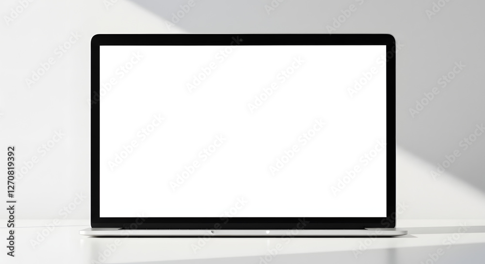 Close up blank Mac screen white table bright daylight minimalist product shot clean Close up blank Mac screen white table bright daylight minimalist product shot clean