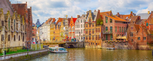 Old traditional houses, canal in Ghent, Belgium