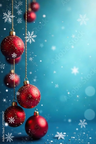 Red and gold Christmas baubles on a blue background with snowflakes, snowflake, holiday