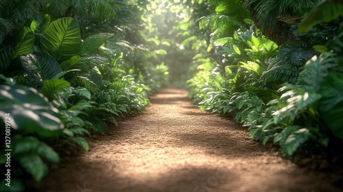 Serpentine path through lush green forest at golden hour near tropical plants...