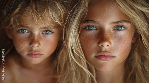 Stunning Portrait of Two Young Children with Blue Eyes and Freckles photo