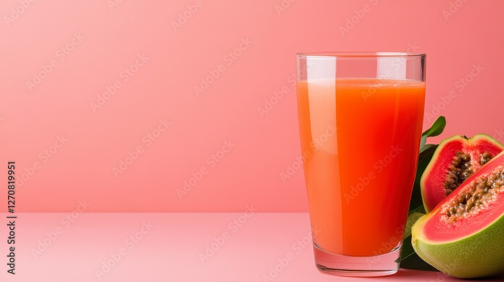 Refreshing Guava Juice in Glass with Cut Fruit Against Pink Backdrop
