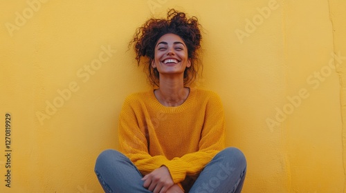 Smiling young woman with long hair sitting against a gray wall outdoors in ca...