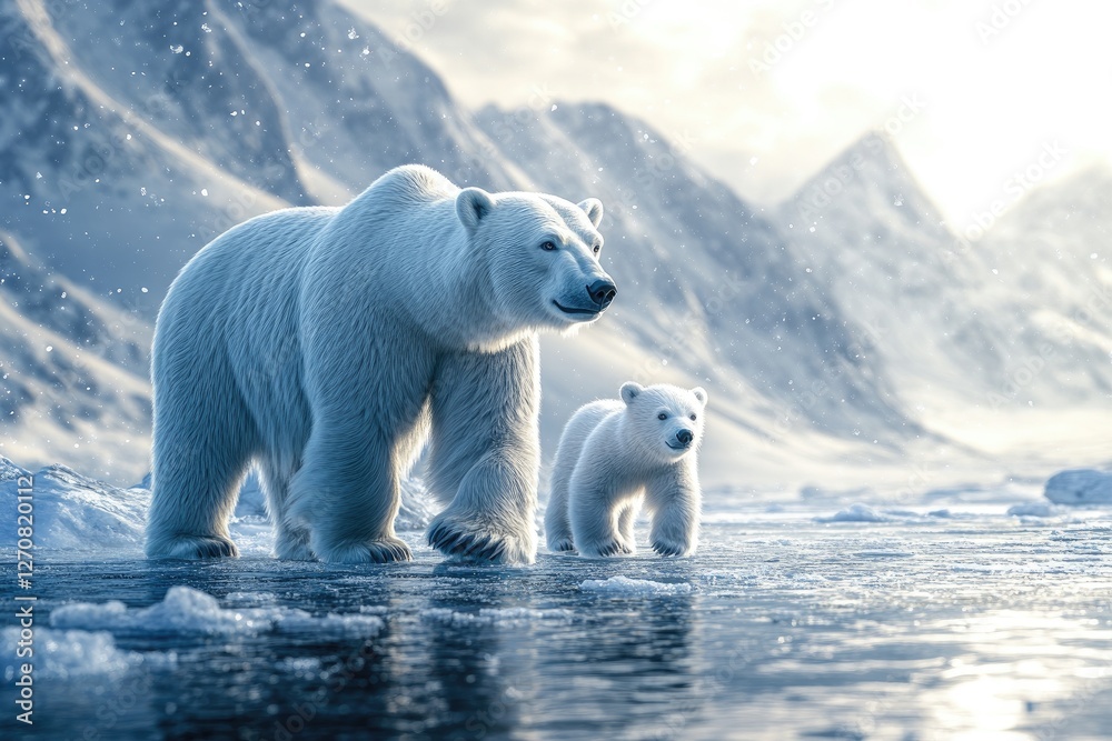 Polar Bears Walk on Arctic Ice, Majestic Winter Scene Polar Bears Walk on Arctic Ice, Majestic Winter Scene